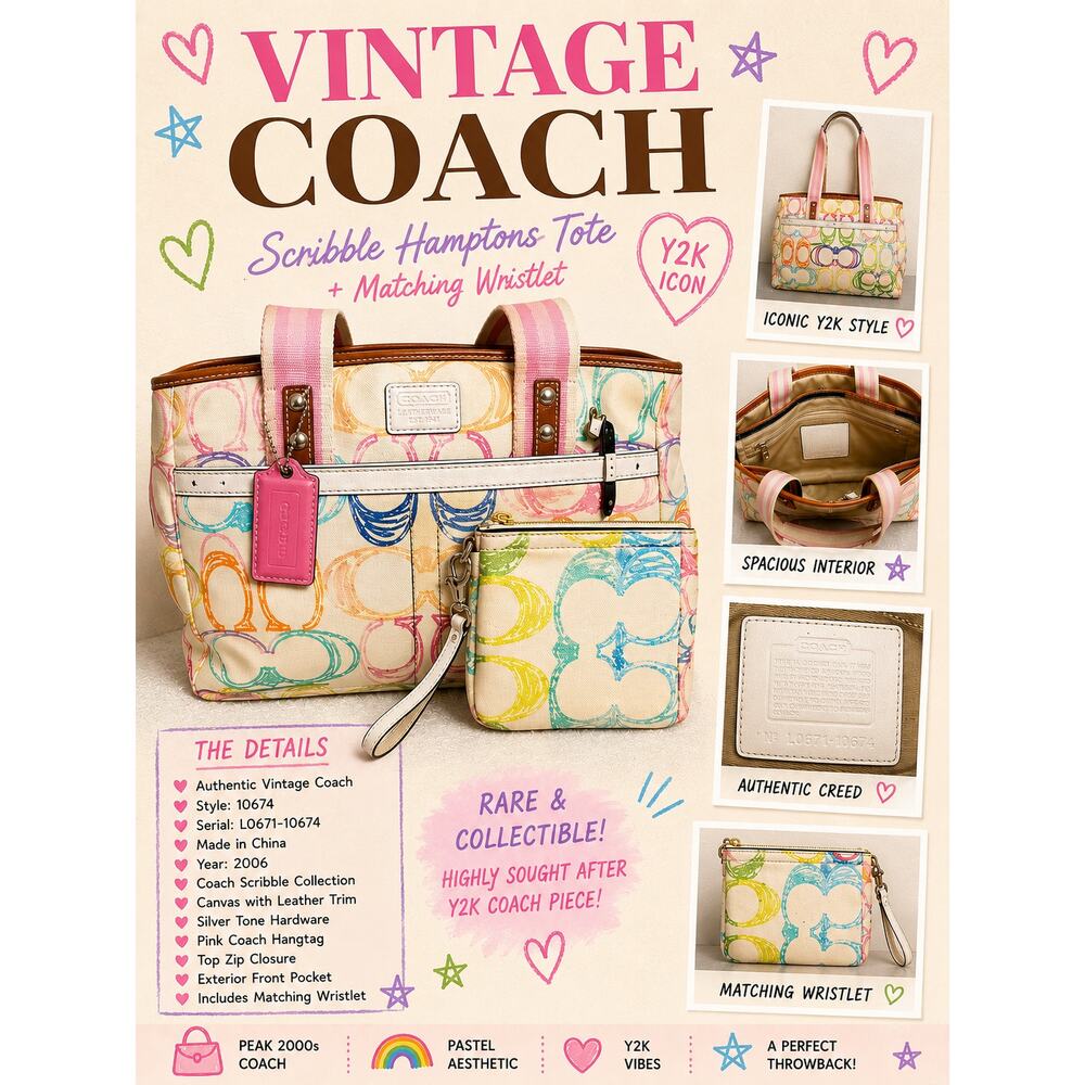 Vintage 2006 Coach Scribble Hamptons Tote Pastel Rainbow Bag + Wristlet